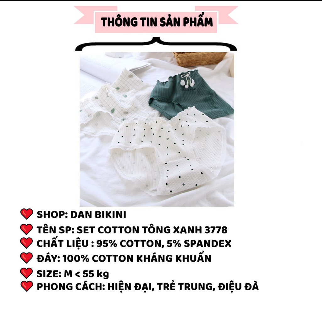 Quần Lót Nữ Cotton ❤️FREESHIP❤️ Set Cotton gân tăm viền ren tông xanh mát dịu mẫu 3778
