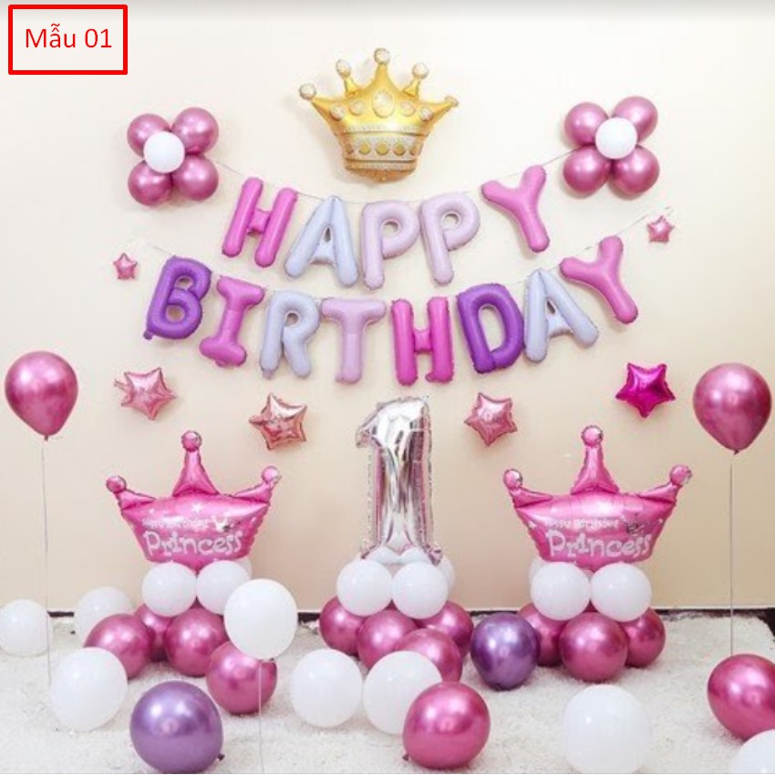 Set bóng bóng sinh nhật BÉ GÁI MÀU HỒNG Phụ kiện trang trí sinh nhật Happy Birthday