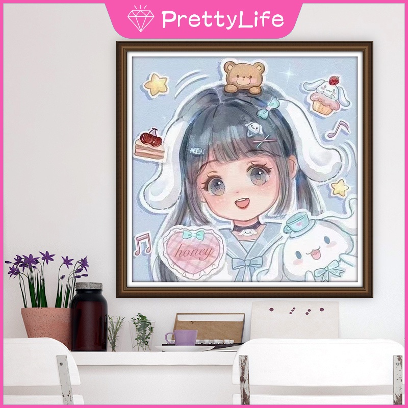 Bộ Tranh Đính Đá 5D Tự Làm Trang Trí Nhà Cửa 30x30cm / 40x40cm / 50x50cm Hình Hello Kitty