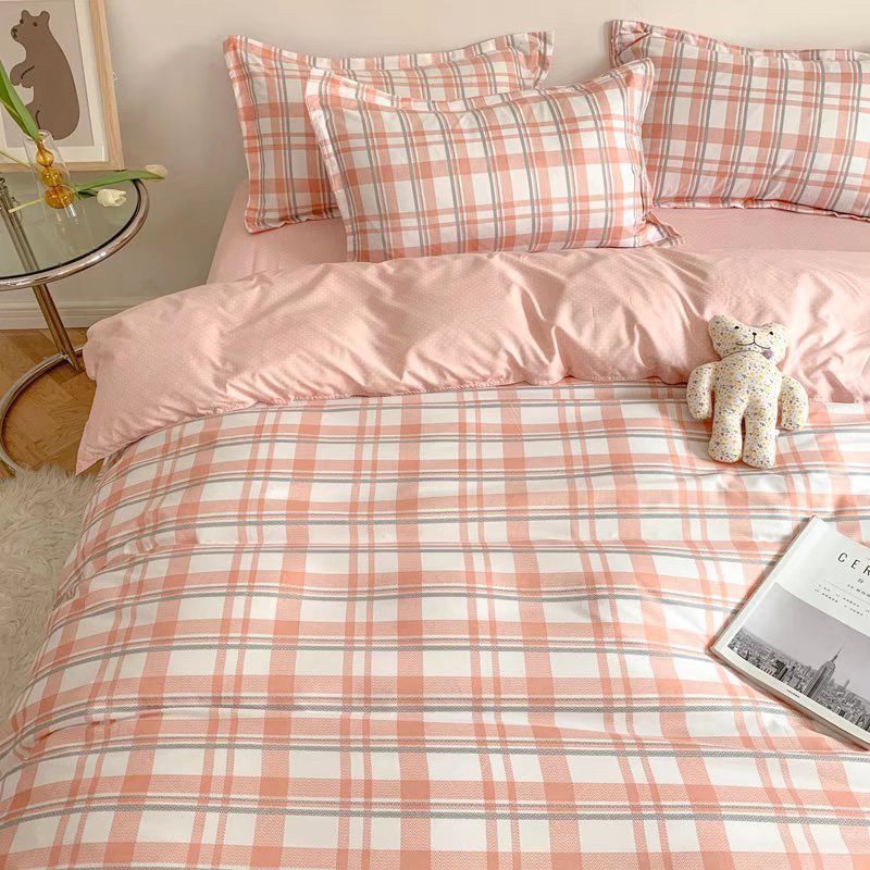 ☀Bộ Chăn Ga Gối⚡Cotton mịn poly kẻ hồng nhẹ nhàng nữ tính tông màu ấm áp tặng kèm vỏ gối ôm cùng bộ