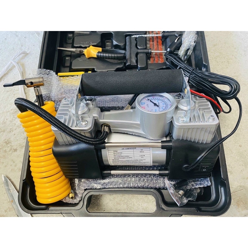 Bơm Lốp Ô Tô 2 Xi Lanh Công Suất Cao (Có Hộp + Bộ Dụng Cụ 12VDC ( đồng hồ cơ )