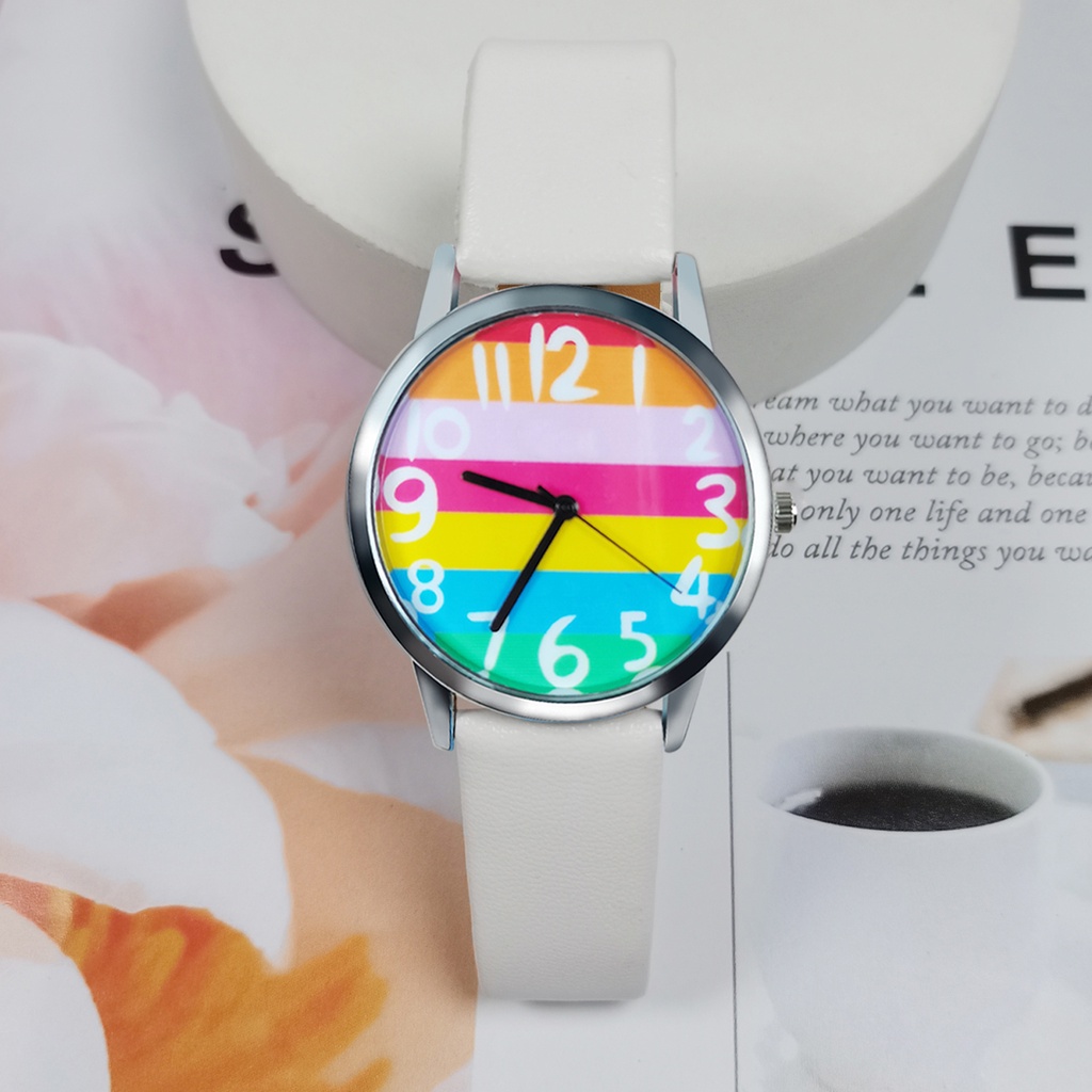 MACmk Women Rainbow Stripe Dial Accurate Quartz Movement Alloy Number Quartz Wristwatch for Office