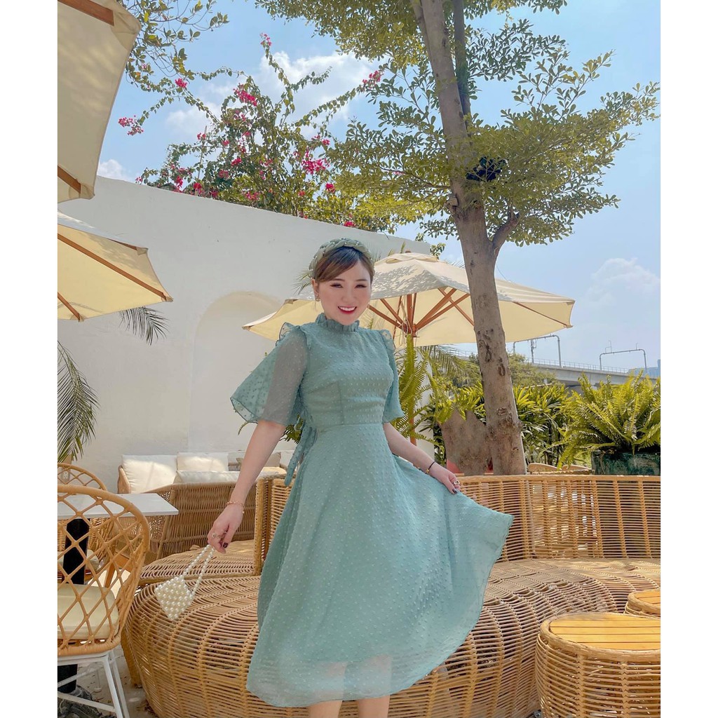 ĐẦM BI REN NỔI CỘT NƠ LƯNG XANH - VÀNG | BigBuy360 - bigbuy360.vn
