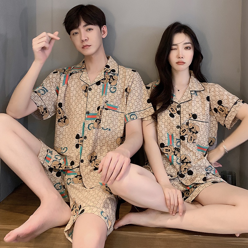 Bộ Đồ Ngủ Ngắn Tay Bằng Lụa Satin Thời Trang Hàn Quốc Cho Nam Nữ