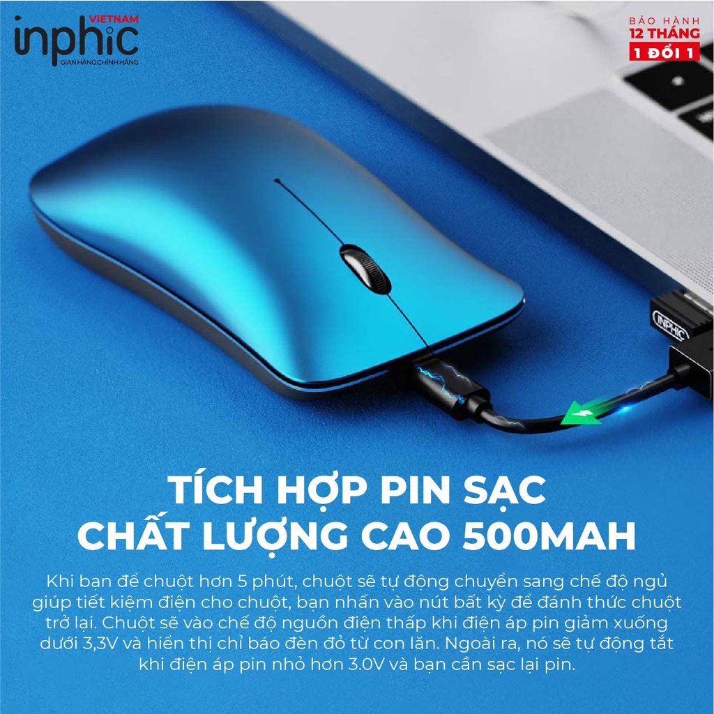 Chuột Bluetooth + Wifi Phong Cách Macbook INPHIC PM9BS Có Thể Sạc Lại (Ba chế độ BT5.0 / 3.0 + 2.4Ghz) - Chính Hãng