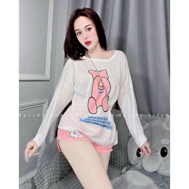 Set bộ áo tay dài in gấu kèm quần đùi cute - A5U