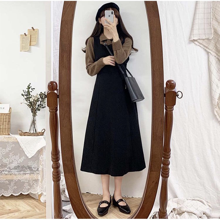 Kumivn ORDER SET váy yếm mùa thu + áo sơ mi len kiểu dáng vintage MORAN Hàn Quốc