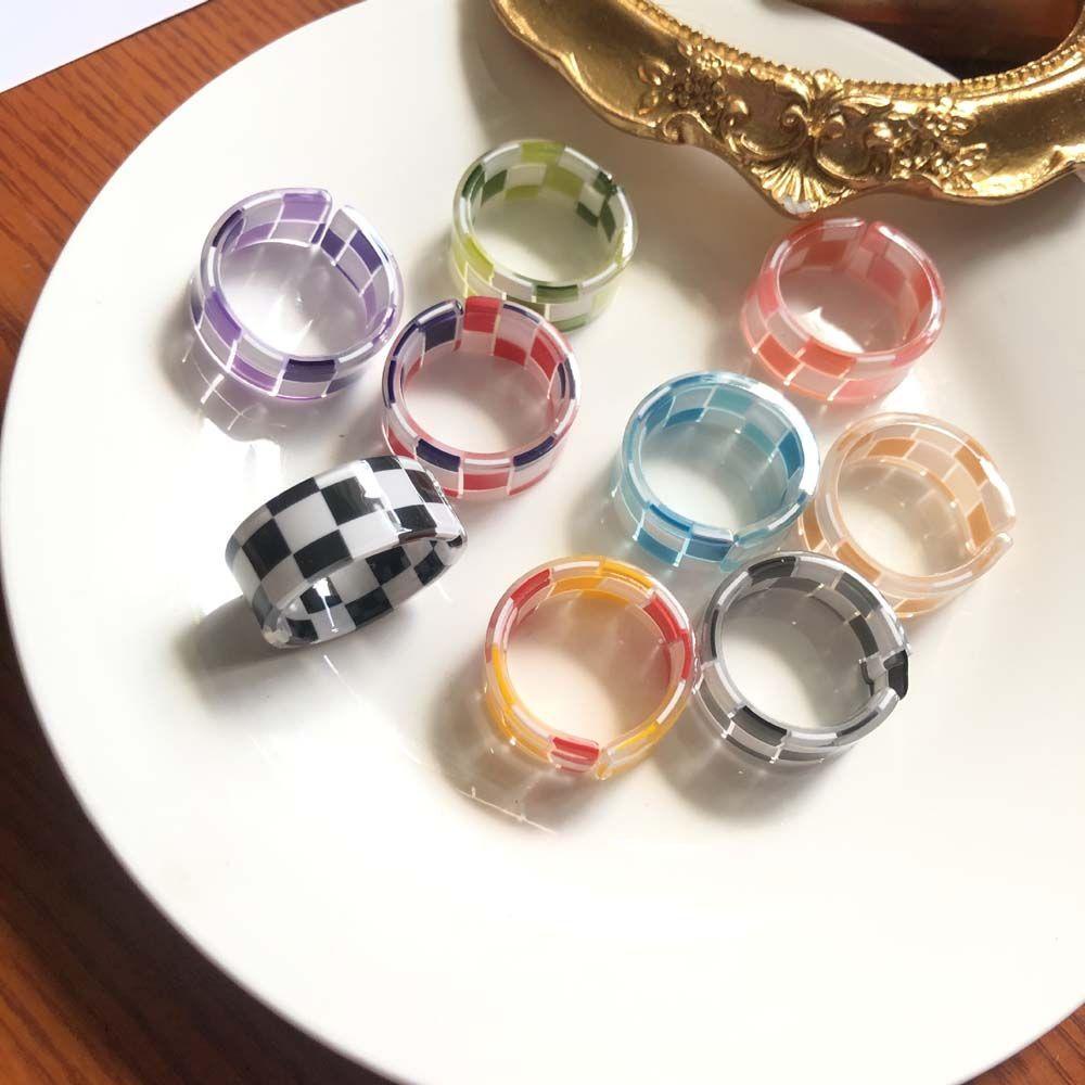 QQMALL Acetate Nhẫn Resin Họa Tiết Caro Dễ Thương Vui Nhộn Phong Cách Hàn Quốc Cho Nam