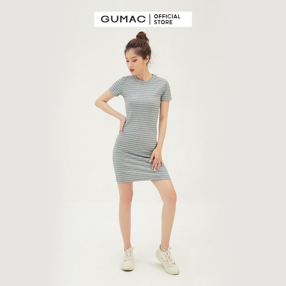 [Mã WABRGU155 giảm 15% tối đa 50k đơn 199k] Đầm thun nữ ôm body GUMAC chất liệu sọc ngang, tay ngắn sexy DB303  ཾ