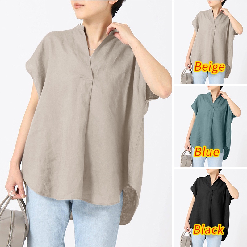 Áo kiểu ZANZEA tay ngắn cổ chữ V màu trơn thời trang dành cho nữ