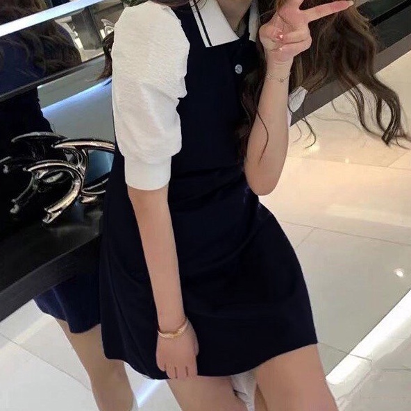 Váy đầm nữ cổ polo đen trắng cộc tay phồng dáng chư A xòe phom tôn dáng freesize ngắn Wikishop C766