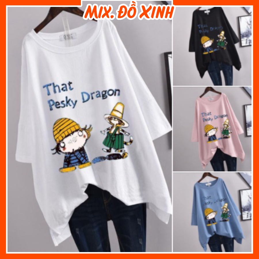 Áo thun nam nữ form rộng tay lỡ Thu Hà áo phông unisex freesize chất liệu mềm mát in chữ That Pesky Dragon
