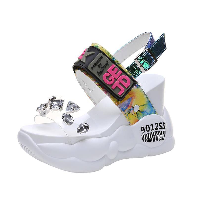 Dép sandal nữ Sandal Đế Xuồng Quai Trong Suốt Đính Đá Thời Trang Mùa Hè 2021 Phong Cách Châu Âu Cho Nữ