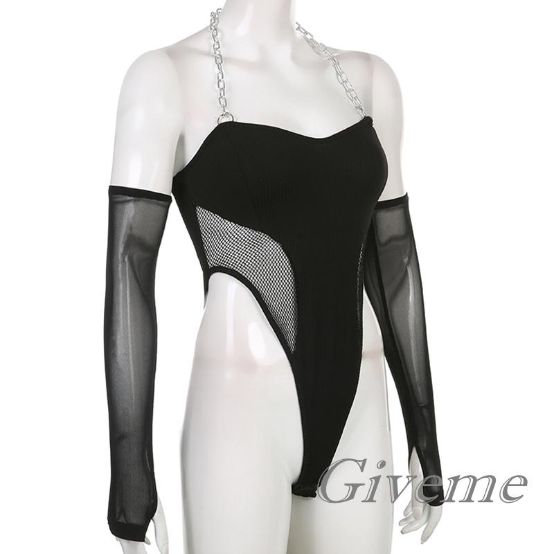 Bộ Áo Liền Quần Phối Lưới Dây Xích + Cánh Tay Màu Đen Hợp Thời Trang Cho Nữ