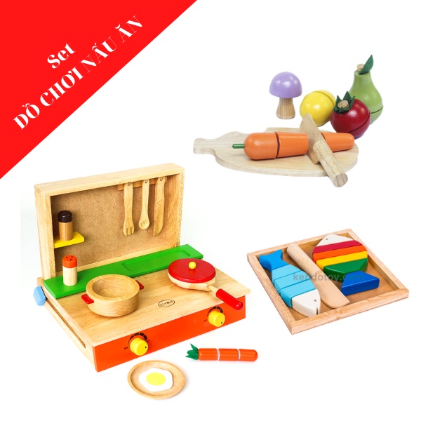 Bộ bếp đồ chơi nấu ăn bằng gỗ 3 món cho bé đầy đủ chức năng chơi