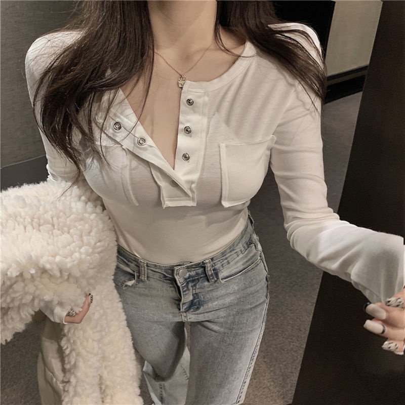 Áo thun COZOK tay dài cổ chữ V màu trơn đa năng