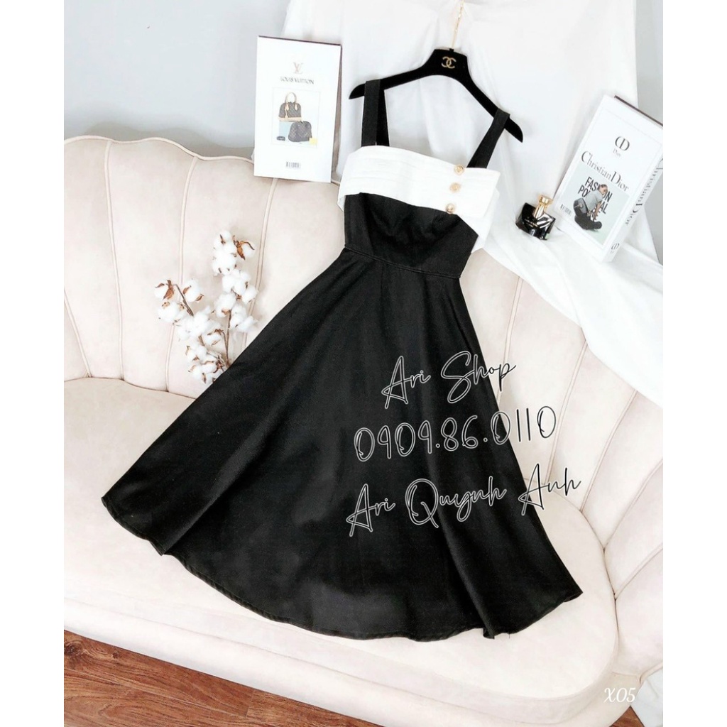 [Đầm free ship] Đầm công chúa đi dư tiệc cưới sang trọng dễ thương với thiết kế 2 dây có mút, đính khuy cúp ngực cá tính