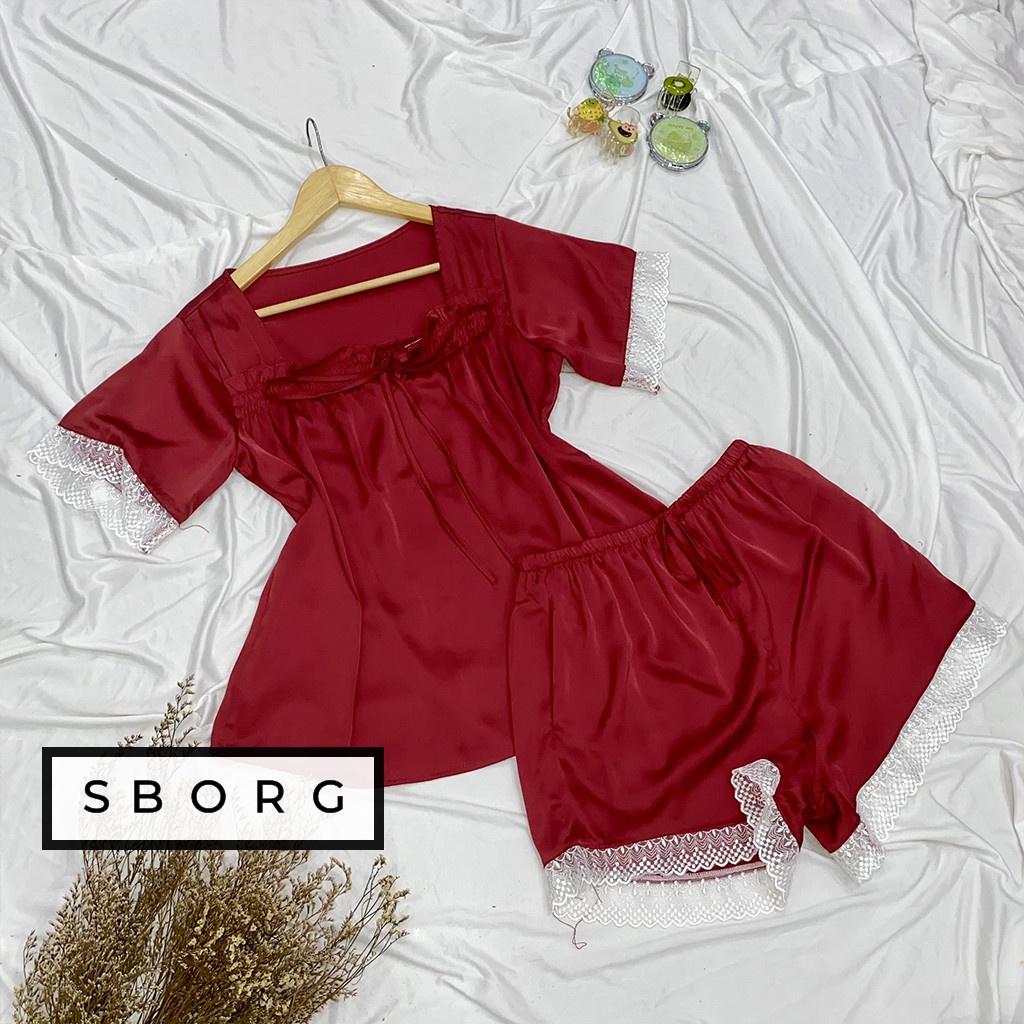 Bộ ngủ lụa SBORG đồ ngủ cute lụa latin cao cấp áo viền ren dễ thương phối quần đùi có túi freesize dưới 65kg quà tặng vợ