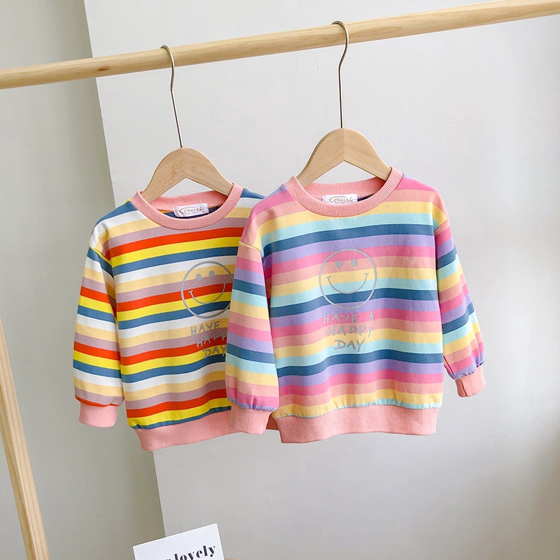 Áo Sweater Tay Dài Kẻ Sọc In Hình Mặt Cười Xinh Xắn Cho Bé Gái