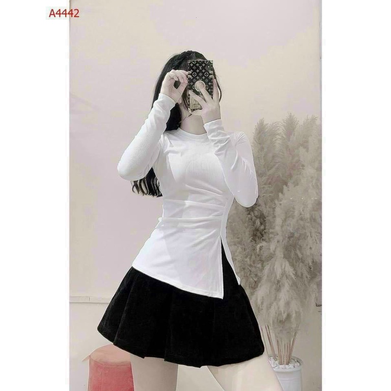 Áo kiểu tay dài body xẻ tà nhúm nhẹ bên sườn cực hot , chất thun lụa mềm mịn