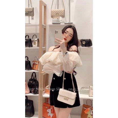 Áo trễ vai bồng bềnh vải tơ 2 lớp