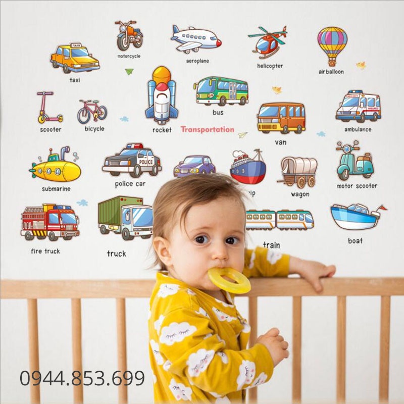 Tranh decal dán tường cho bé học các phương tiện giao thông tiếng anh, đề can dán tường cho bé HM2005