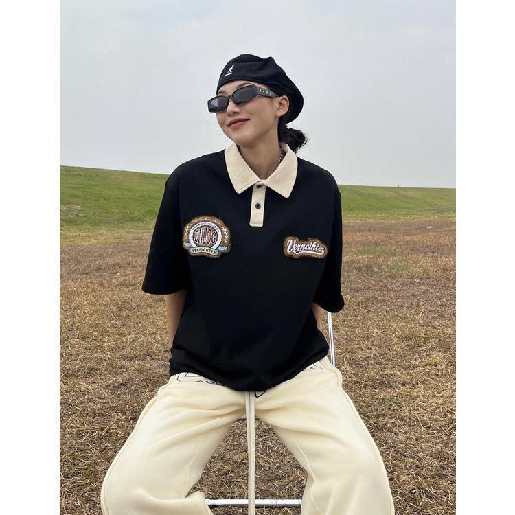 Áo Thun Polo Unisex VERNI màu ĐEN/TAN form rộng  Chất thun da cá form nam nữ unisex/Áo thun có cổ Jejul.store