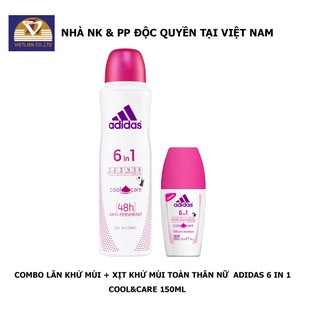 COMBO Lăn Khử Mùi Adidas Nữ 6 in 1 40ml + Xịt Khử Mùi Toàn Thân Nữ Ngăn Mồ Hôi Adidas 6 in 1