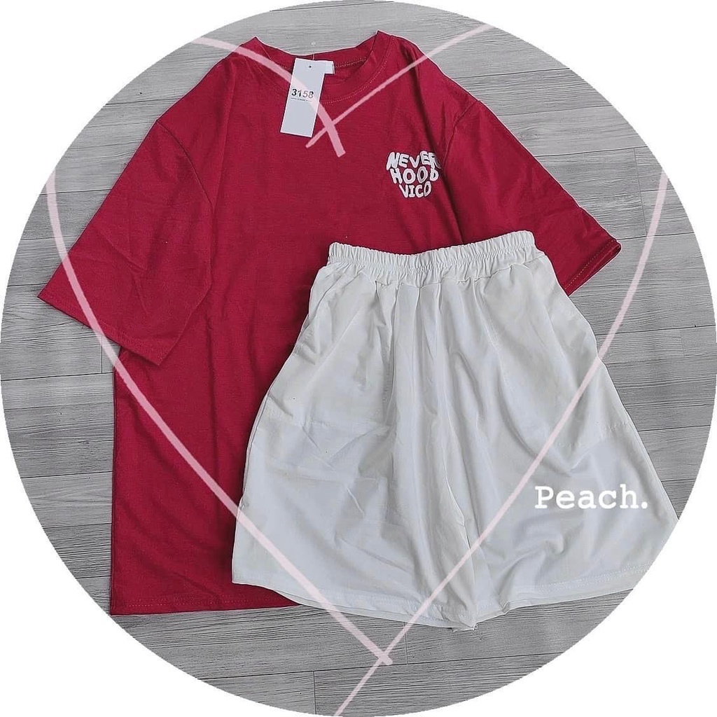 Set bộ áo thun tay lỡ dáng rộng in chữ NEVER kèm quần đùi dáng rộng unisex nam nữ mặc được ZADOLA