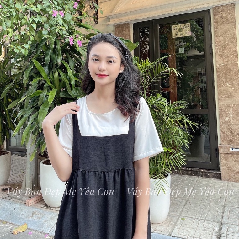 Yếm bầu công sở màu đen giả yếm nhún bụng, cổ vuông, nơ sườn MYC1340, có size 40-100kg (Yếm rời không kèm áo)