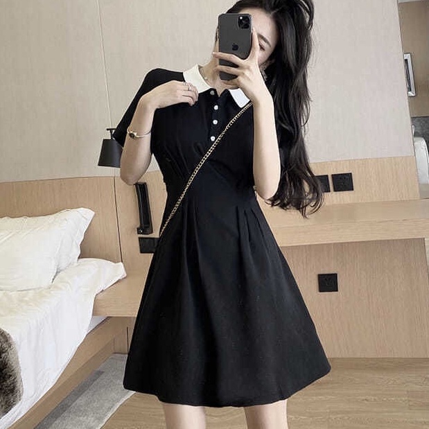 Đầm Tay Ngắn Cổ polo Ôm Eo Thời Trang Mùa Hè Phong Cách Mới Cho Nữ