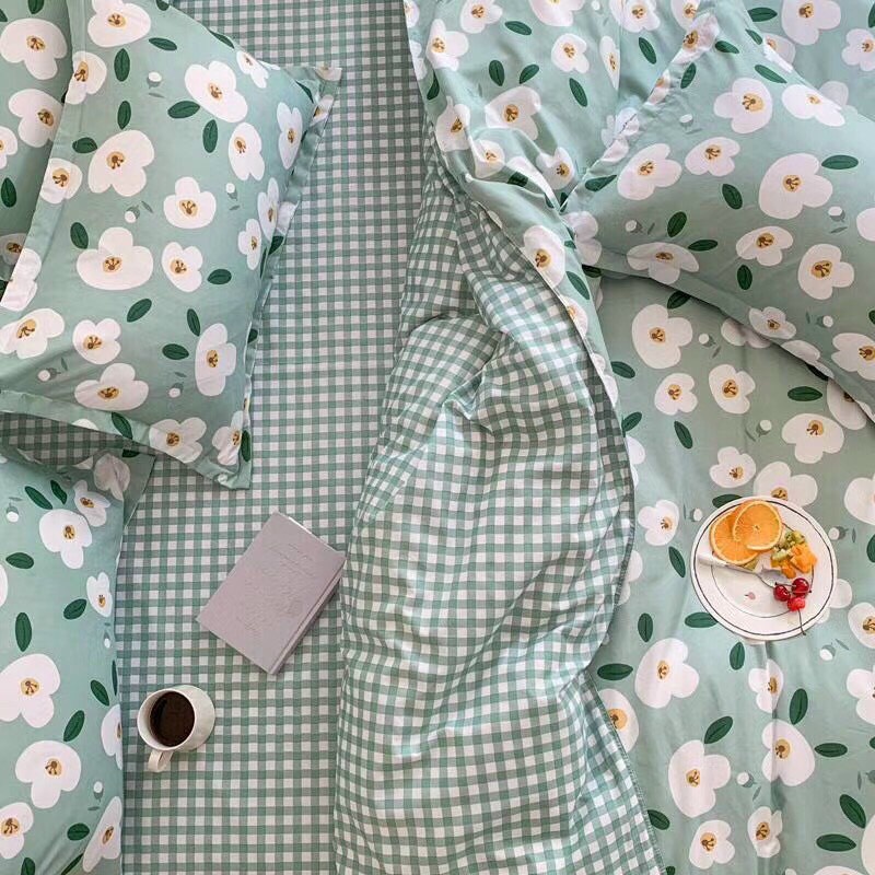 Bộ chăn ga gối Poly Hàn Quốc hoa xanh 3 cánh cao cấp (Tặng vỏ gối ôm) - Miễn phí bo chun