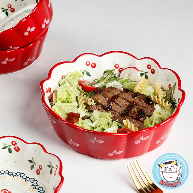Bộ bát đĩa Cherry gốm sứ, thố Cherry handmade viền sóng dễ thương, hình trái tim độc đáo Hàn Quốc Nhật Bản KITCAT STORE