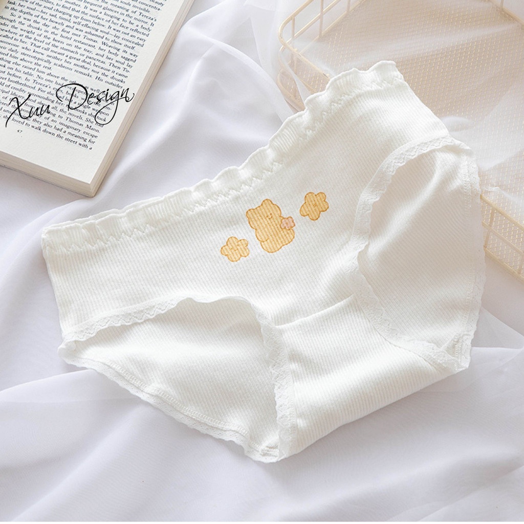 Quần lót nữ cotton họa tiết gấu vàng XUU, thiết kế phối ren nơ QC91