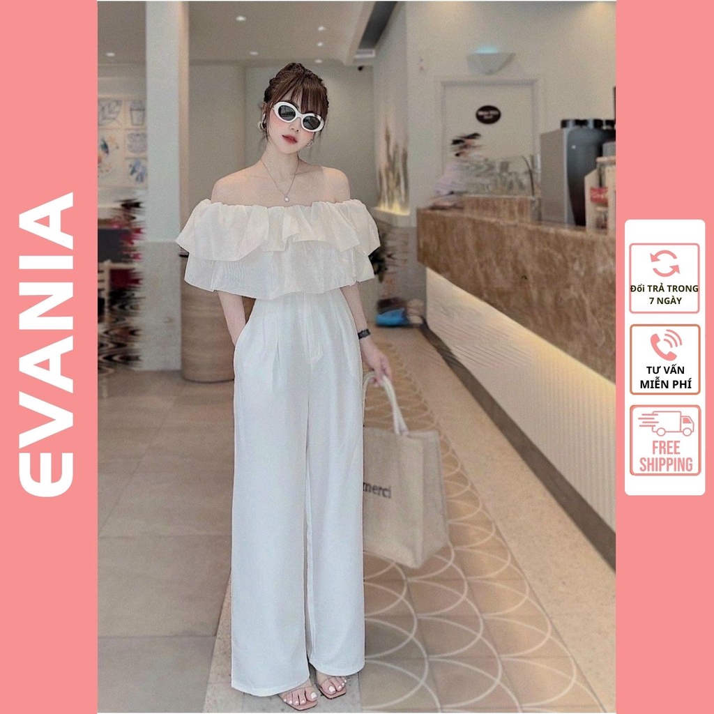 Váy trắng trễ vai EVANIA váy trễ vai phối quần ống rộng nữ chất chéo thái set váy trễ vai, áo trễ vai nữ A9