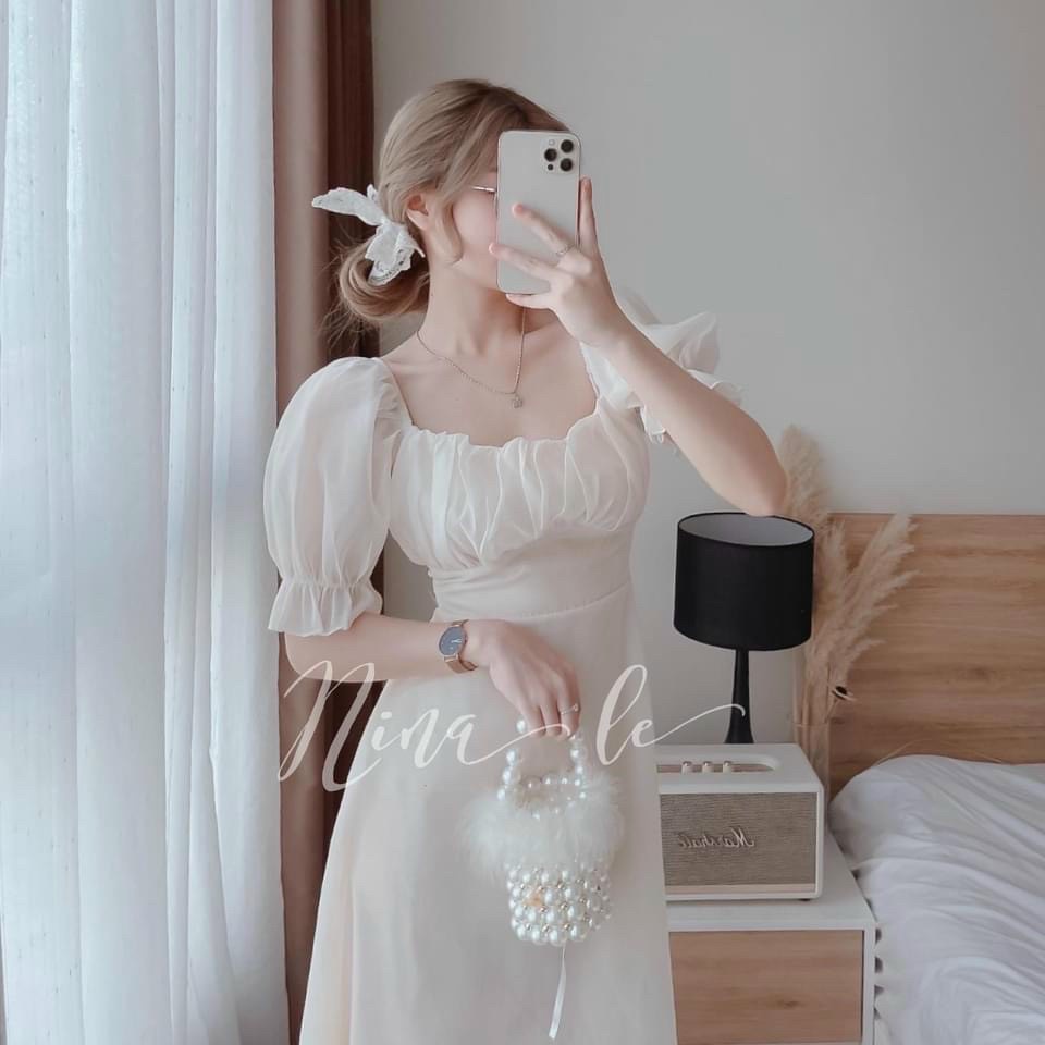Váy đầm nữ tay phồng cổ vuông nhúm ngực chất voan cao cấp mềm mịn kiểu dáng dễ thương | BigBuy360 - bigbuy360.vn