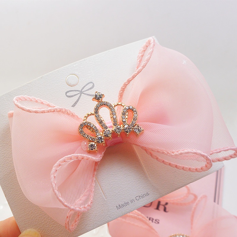 Kẹp Tóc Hình Vương Miện Đính Hạt Ngọc Trai Phối Ren Lưới Màu Hồng Xinh Xắn Cho Bé Gái