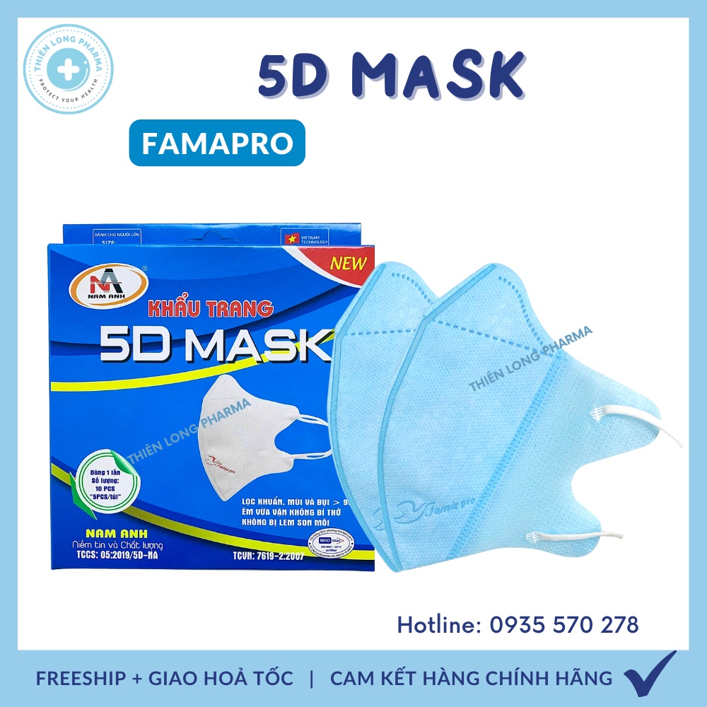 [Thùng 100 Hộp] Khẩu trang 5D mask FAMAPRO quai thun khẩu trang y tế kháng khuẩn dày 3 lớp vải không dệt