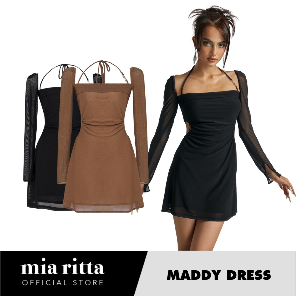 Váy lưới 2 lớp co dãn cut-out eo dài tay buộc dây cổ Mia Ritta Maddy Dress V1043
