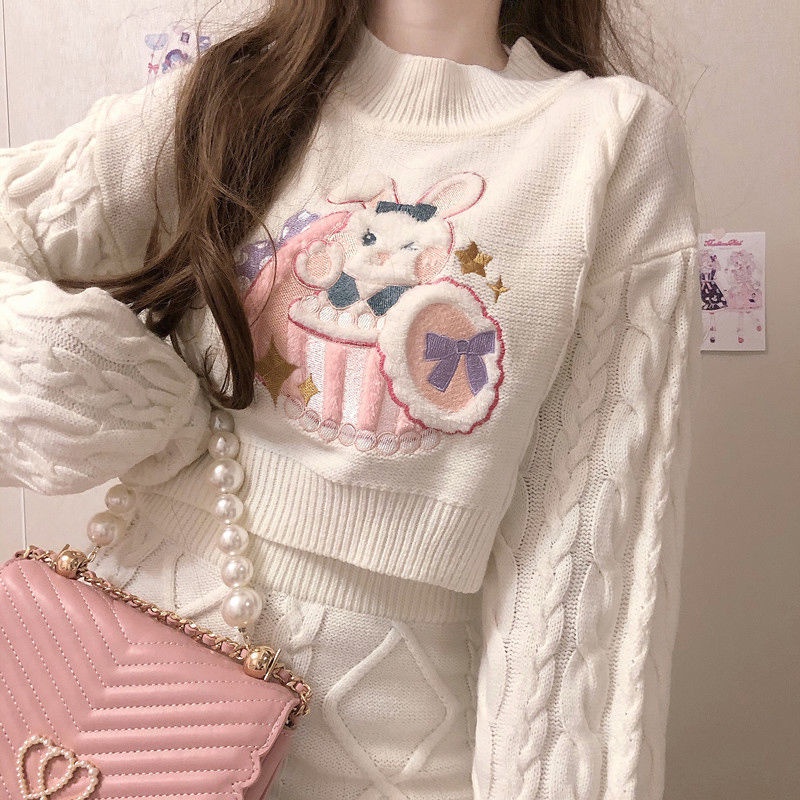 Bộ Áo sweater Ngắn + Chân Váy Lưng Cao Thời Trang Cho Nữ Bộ Đồ Dệt Kim Thời Trang Trắng. Bộ Học Sinh Hoạt Hình. Sexy. Áo sweater Dệt Kim Hai Mảnh