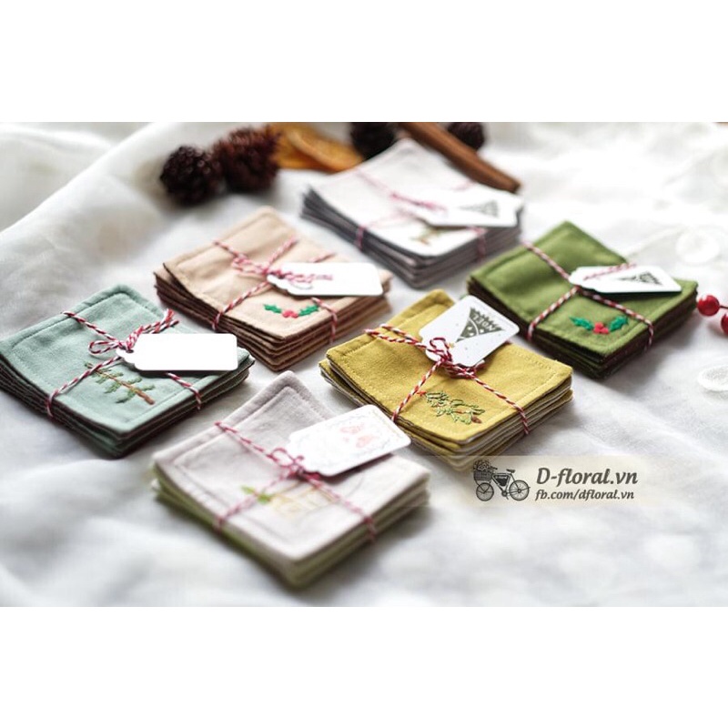 Set thêu lót ly XMas -  Quà tặng giáng sinh, Lót ly thêu tay linen giáng sinh