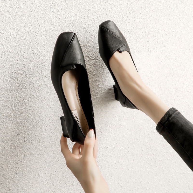 Giày Cao Gót Mũi Vuông Gót Vừa Dày Dặn Màu Sắc Nude Thời Trang Xuân Thu Cho Nữ