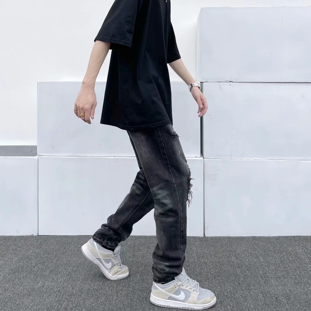 Quần Jean Ống Rộng Màu Đen Phối Rách Phong Cách Hip Hop Đường Phố Mỹ Thời Trang Mùa Hè Cho Nam Size S-3Xl | BigBuy360 - bigbuy360.vn