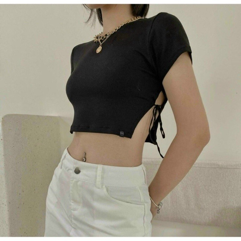 Áo Croptop 2 Mảnh Phối Dây Eo PEONYB Nữ [FREESHIP]  Thun kiểu cộc tay dáng ngắn ôm body cánh tính hàn quốc Ulzzang