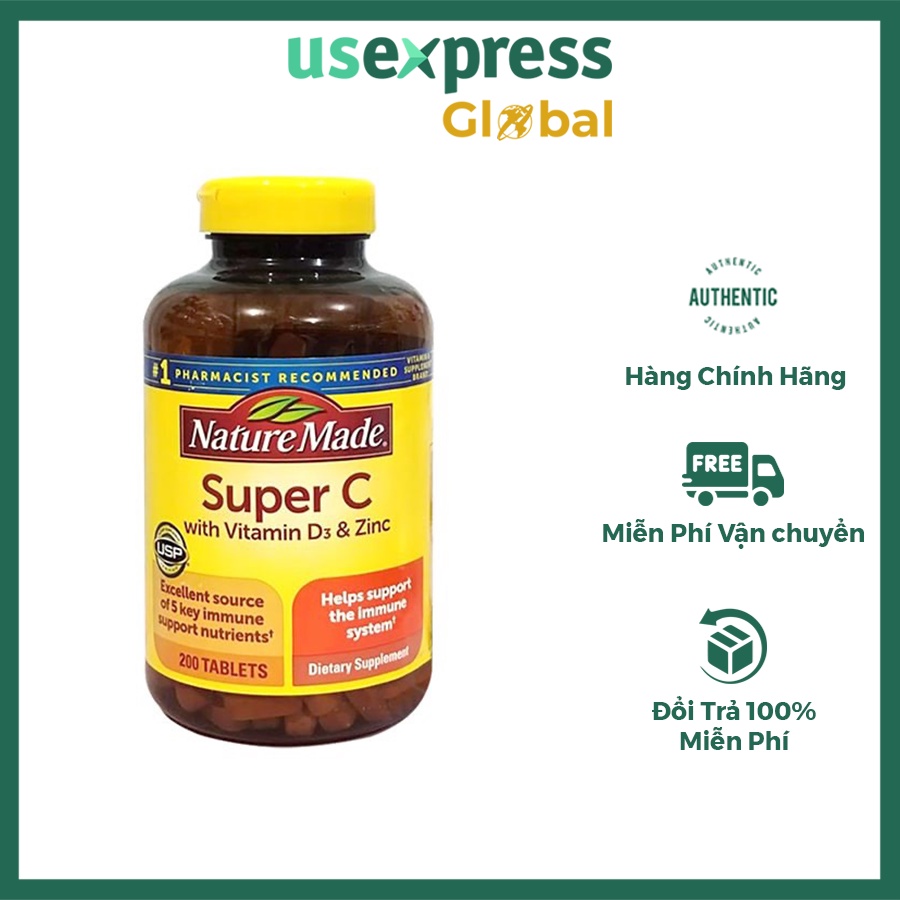 Viên Uống Nature Made Super C With Vitamin D3 & Zinc tăng cường miễn dịch - 200 viên