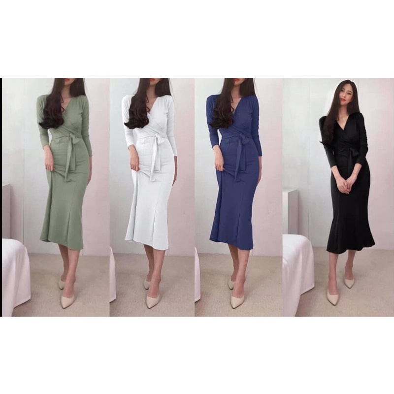 F1063 Đầm ôm body cổ tim thắt dây eo form đuôi cá