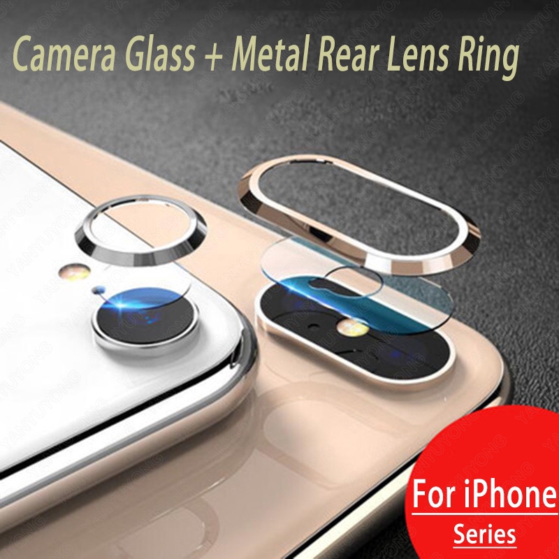 Vòng kim loại + kính cường lực trong suốt bảo vệ camera thích hợp cho iPhone 6 6s 7 8 Plus X Xs Max Xr