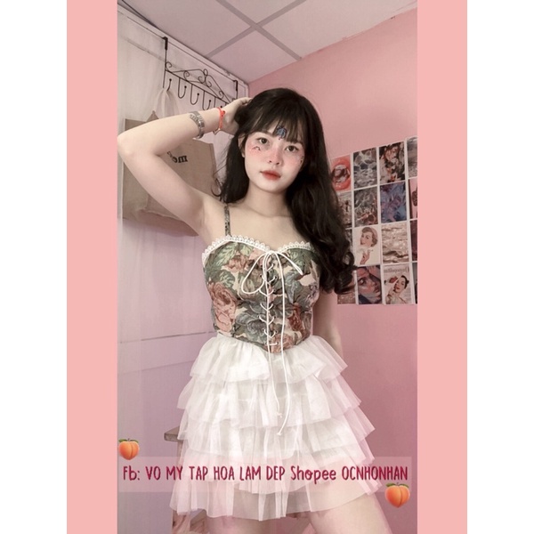 Set áo thổ cẩm hoa vintage + chân váy lưới tầng