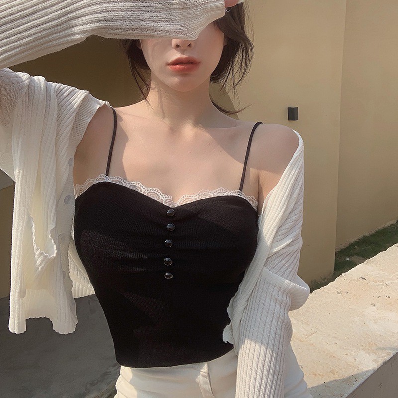 Áo Croptop Dệt Kim Phối Ren Hoa Thiết Kế Màu Trơn Thanh Lịch