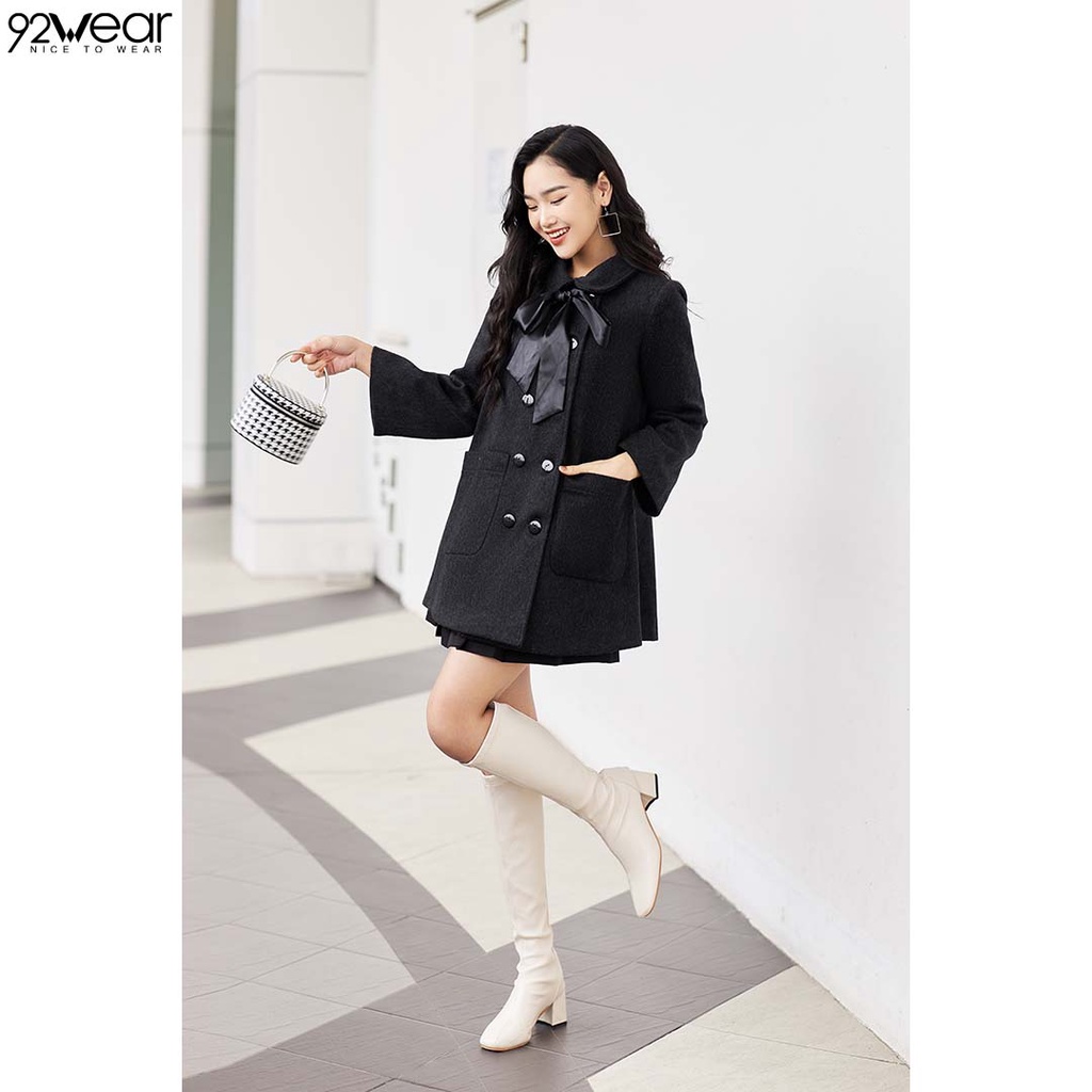 Áo khoác dạ nữ dáng A cổ sen 92WEAR, nơ dây tiểu thư nhẹ nhàng, tinh tế KDA2161